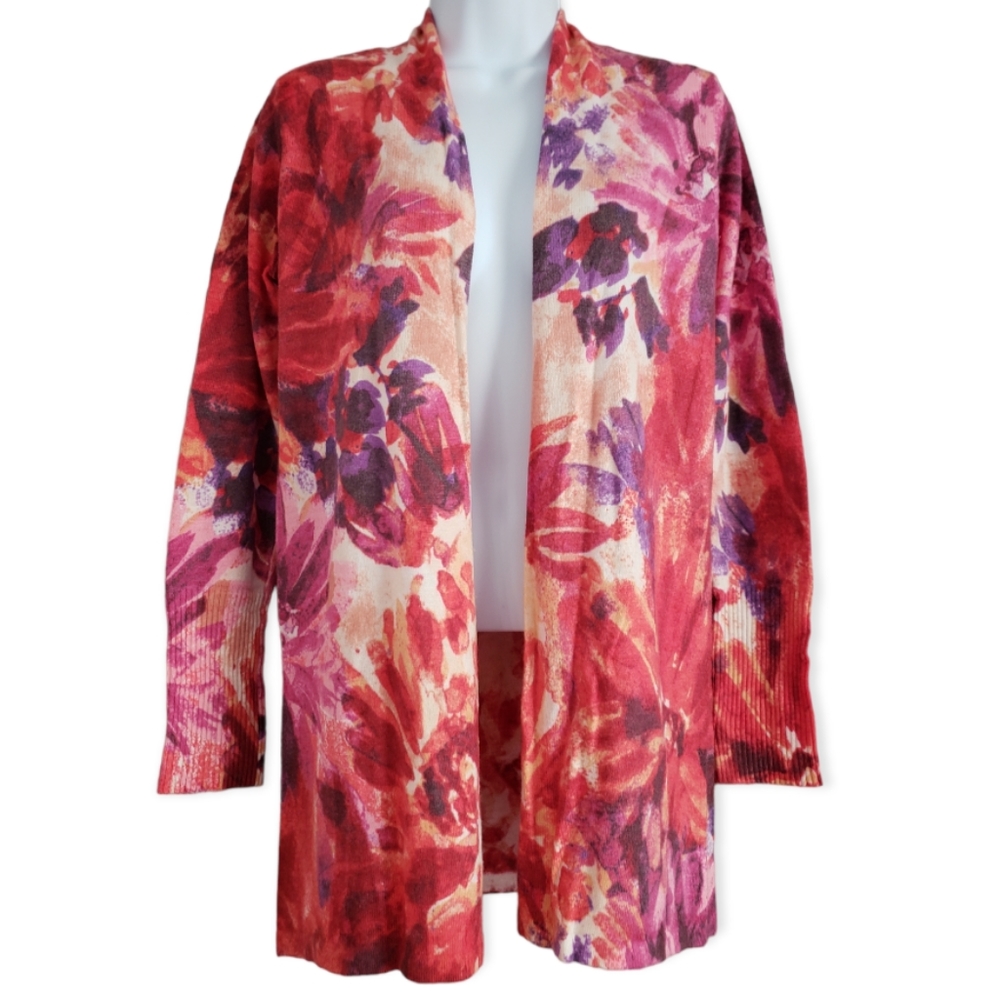 NWOT Chicos red pink & purple open front cashmere wool cardigan Womens Small